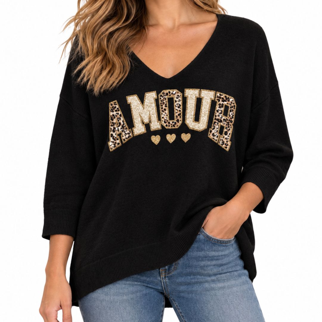 Maglia donna con applicazioni leopard e dorate manica 3/4 scollo a V