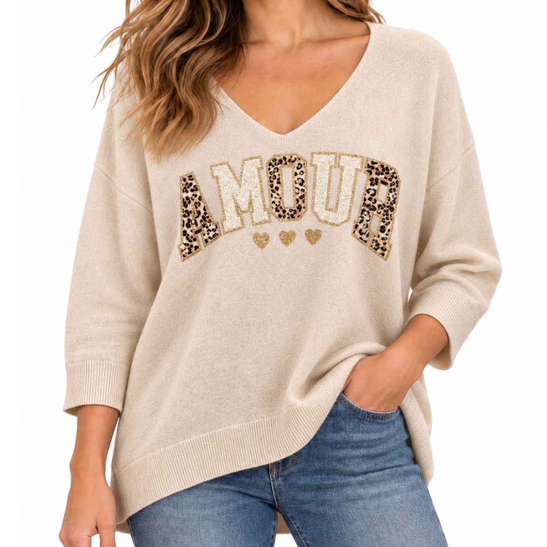 Maglia donna con applicazioni leopard e dorate manica 3/4 scollo a V