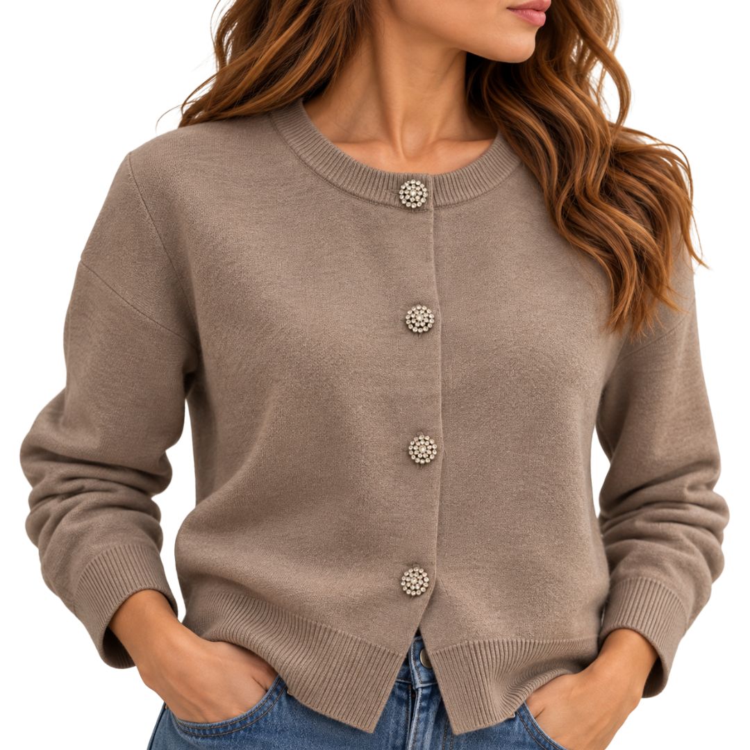 Cardigan donna con bottoni gioiello scollo tondo