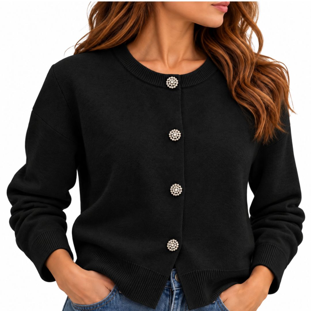 Cardigan donna con bottoni gioiello scollo tondo