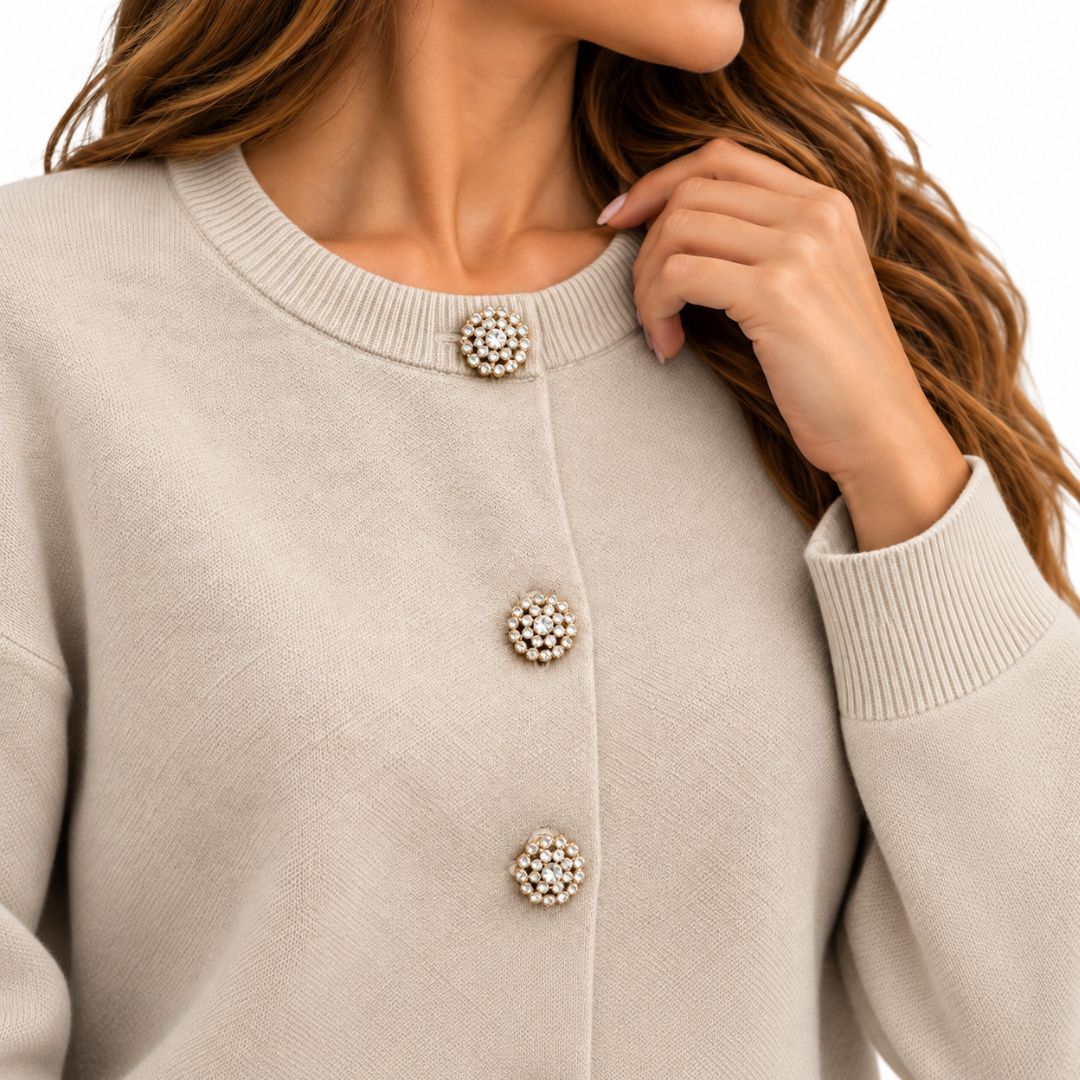 Cardigan donna con bottoni gioiello scollo tondo