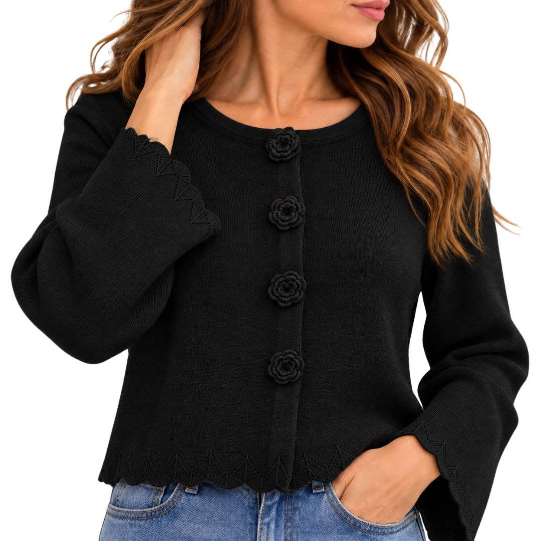 Cardigan donna con bottoni fiore scollo tondo  e manica smerlata misto lana