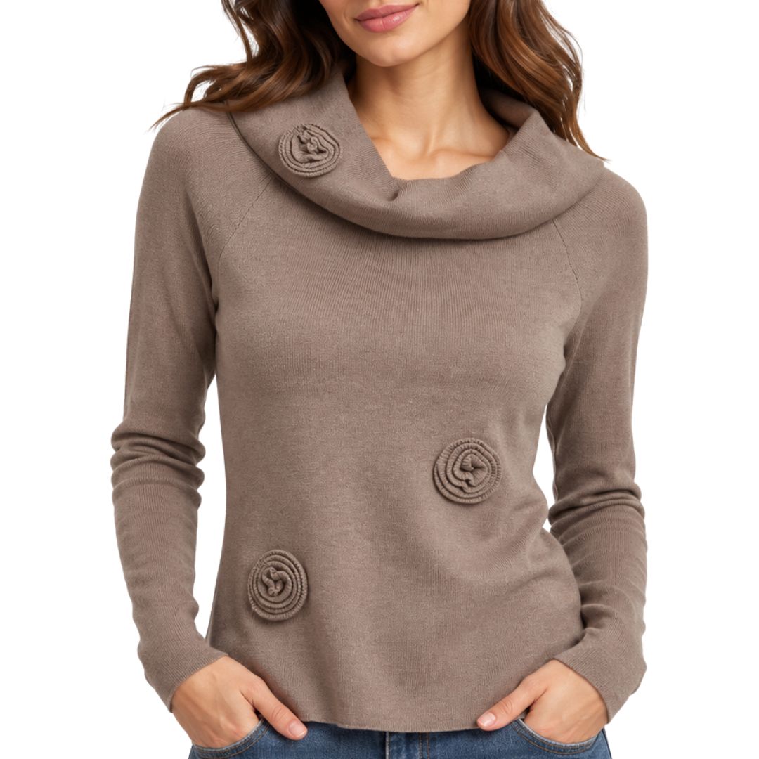 Maglia donna collo a bevero con applicazioni fiori