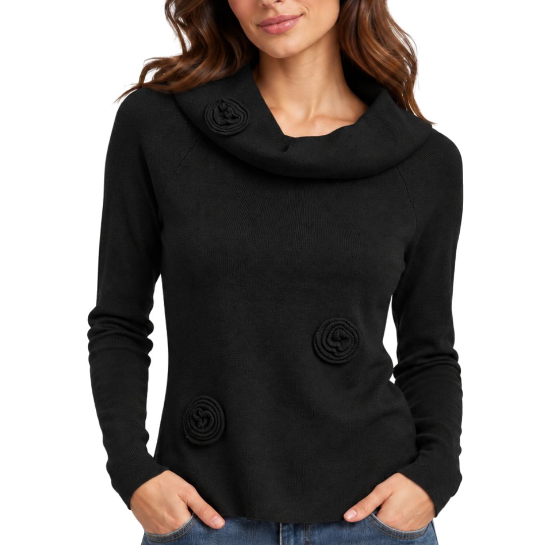 Maglia donna collo a bevero con applicazioni fiori