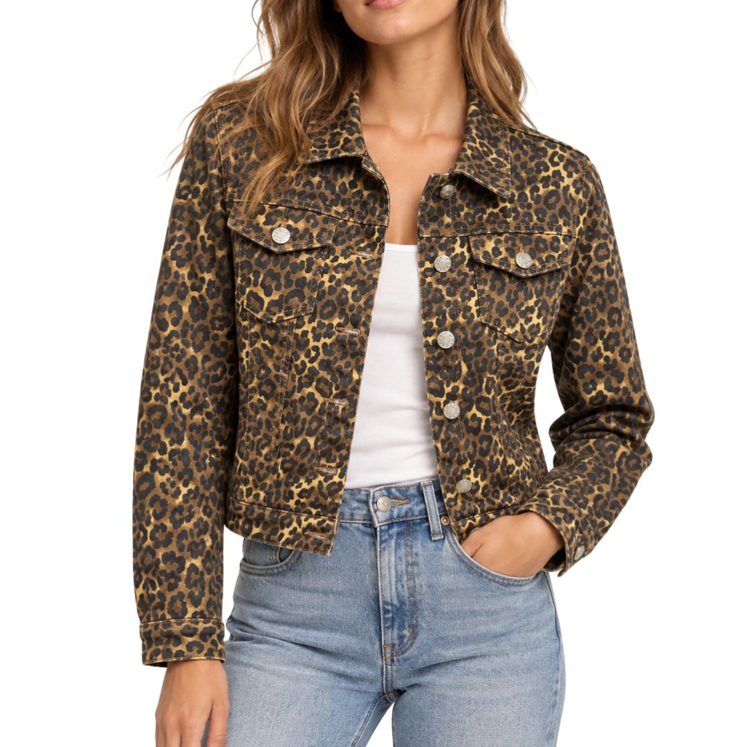 Giacca donna corta di jeans, fantasia maculata, con bottoni e tasche frontali
