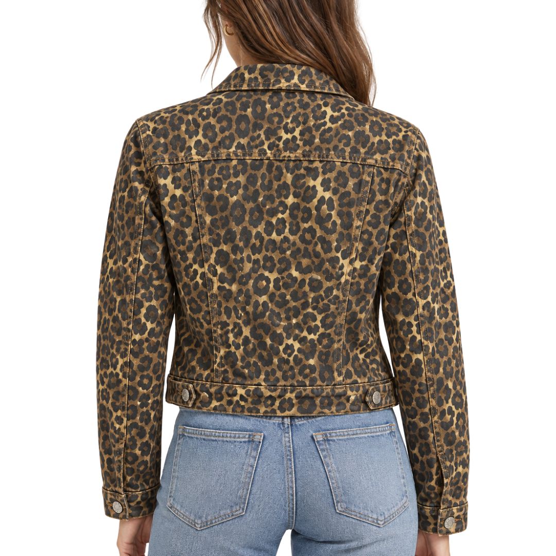 Giacca donna corta di jeans, fantasia maculata, con bottoni e tasche frontali