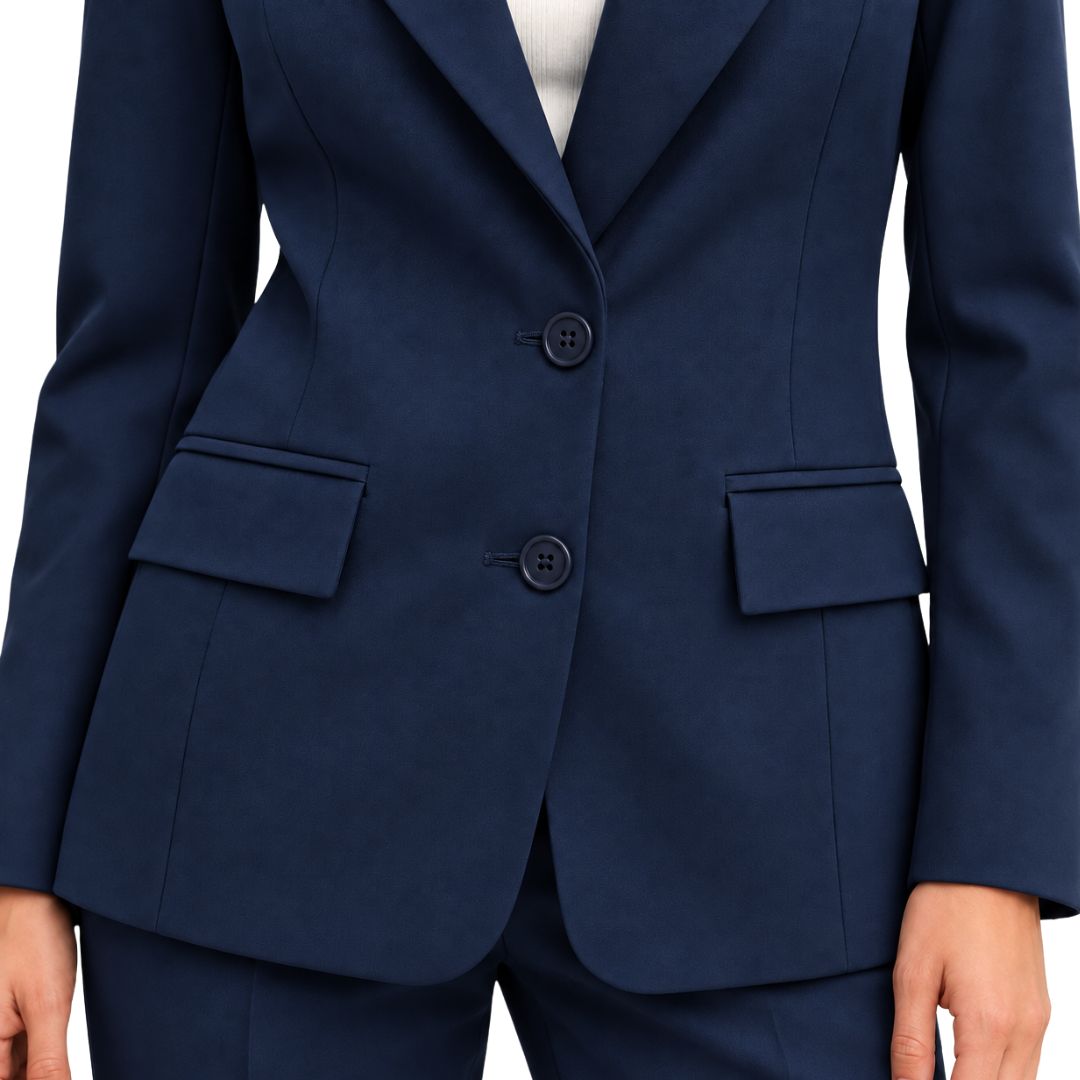 Blazer donna monopetto 2 bottoni, con applicazione tasche frontali in tessuto