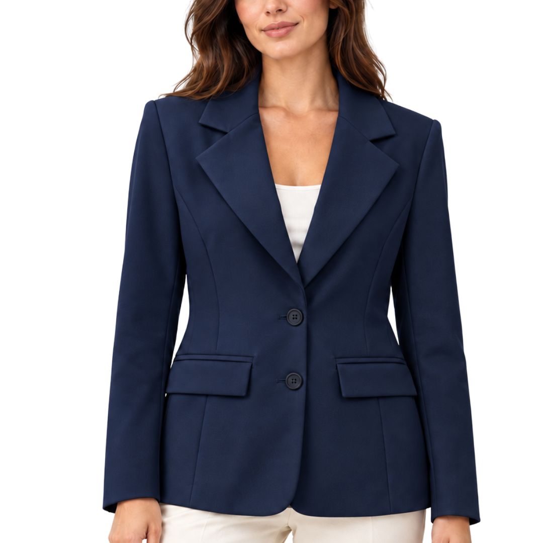 Blazer donna monopetto 2 bottoni, con applicazione tasche frontali in tessuto