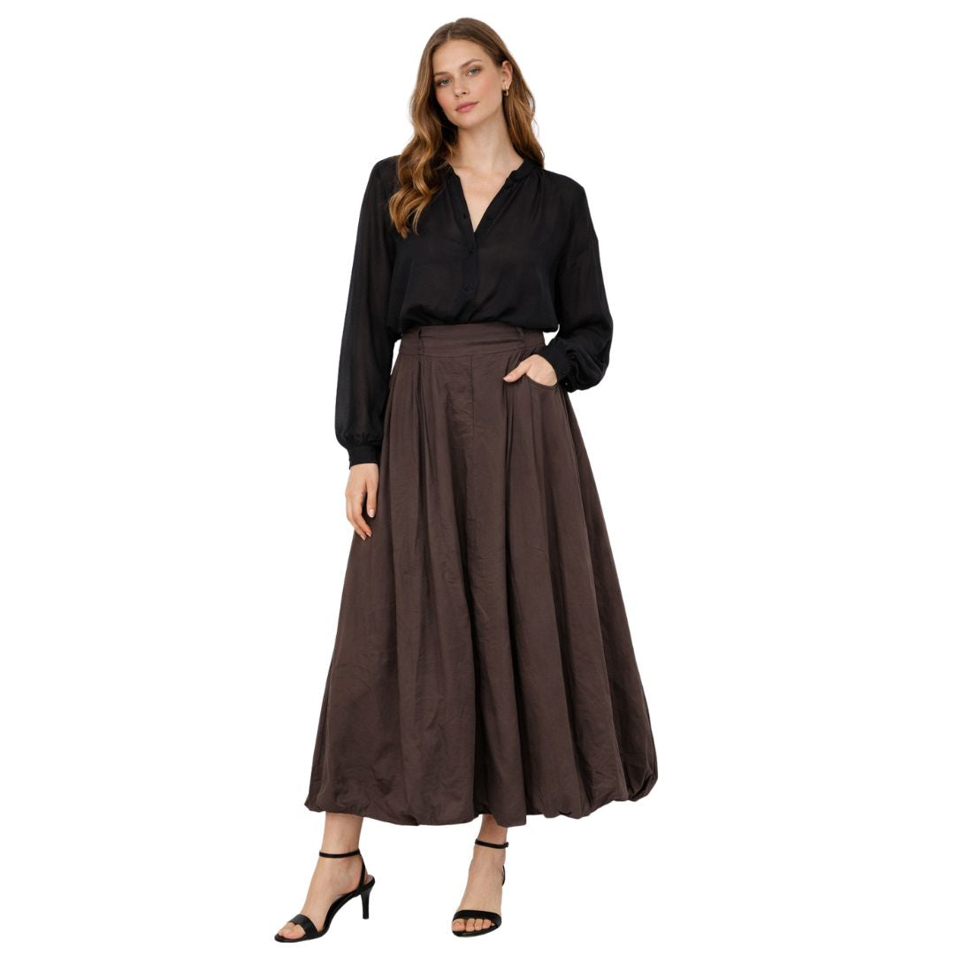 Gonna donna midi a campana in 100% cotone, con vita elasticizzata e tasche