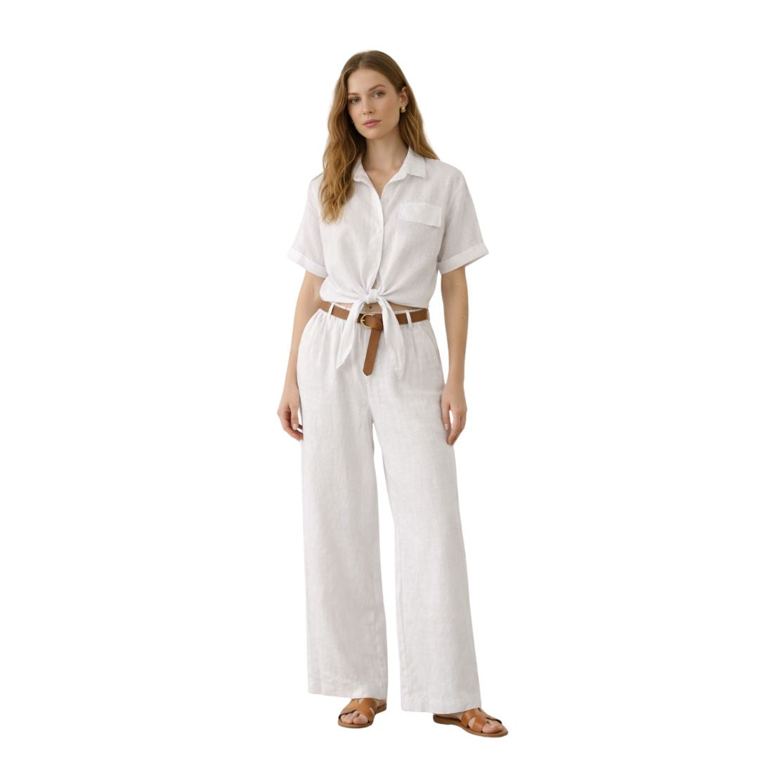 Pantalone donna gamba ampia in 100% lino, con cintura e vita elasticizzata