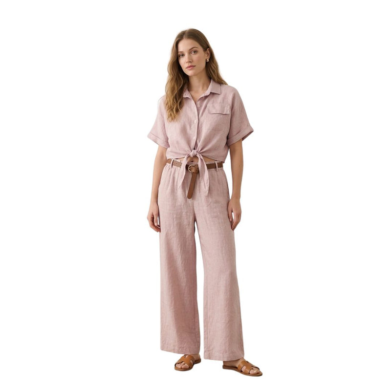 Pantalone donna gamba ampia in 100% lino, con cintura e vita elasticizzata