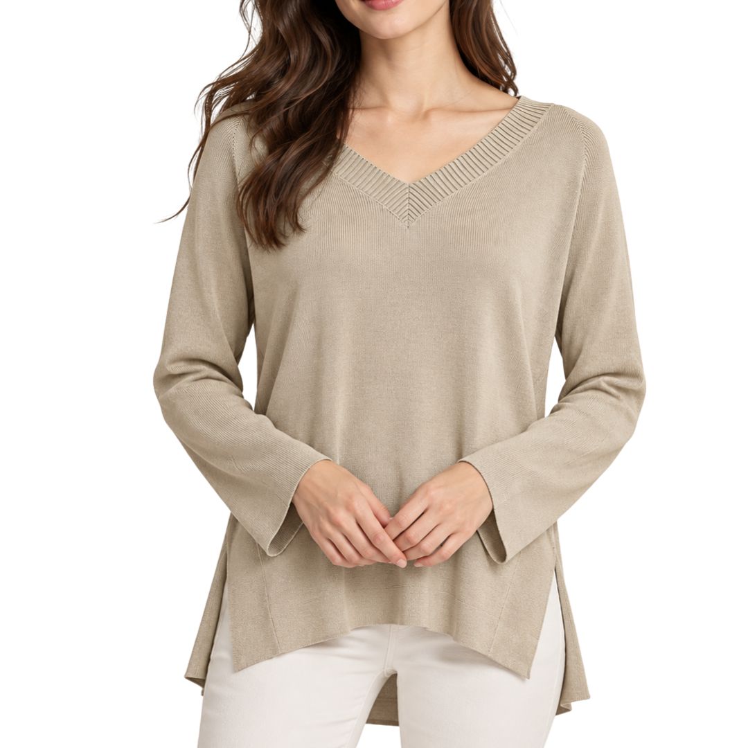 Maglia donna in misto viscosa con scollo a v tinta unita