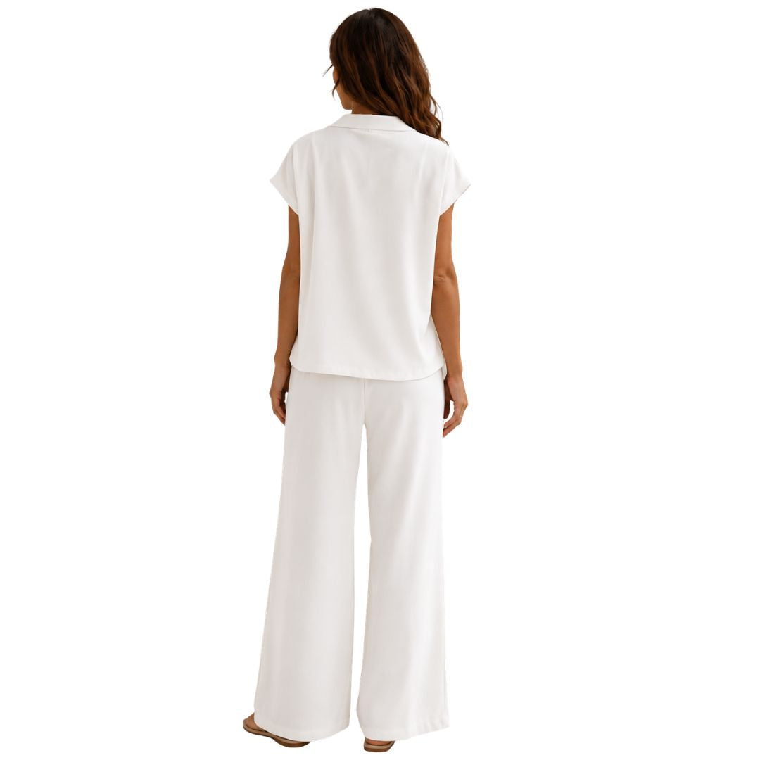 Pantalone donna tinta unita, misto cotone con bottone, wide leg e vita elastica