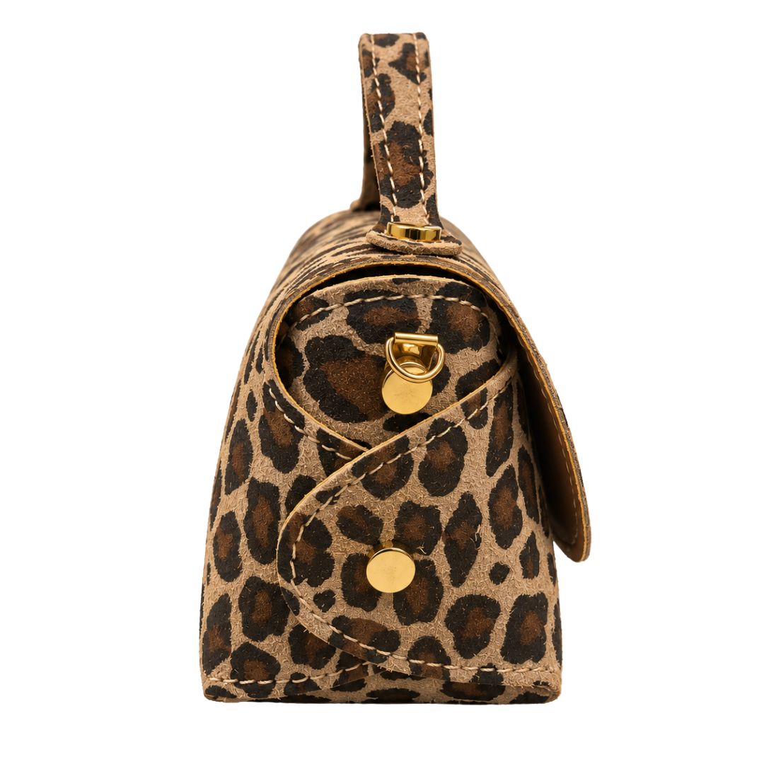 Borsa donna in vera pelle maculata, chiusura in bambù e tracolla Made in Italy
