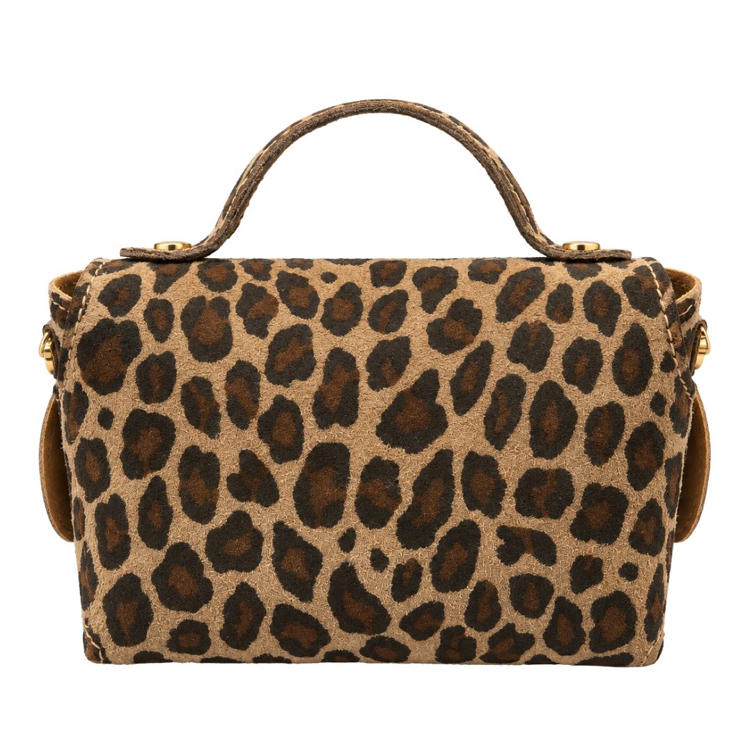 Borsa donna in vera pelle maculata, chiusura in bambù e tracolla Made in Italy