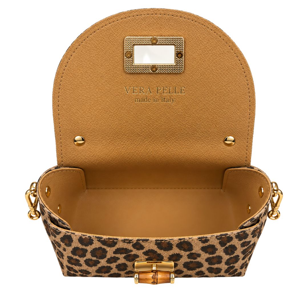 Borsa donna in vera pelle maculata, chiusura in bambù e tracolla Made in Italy