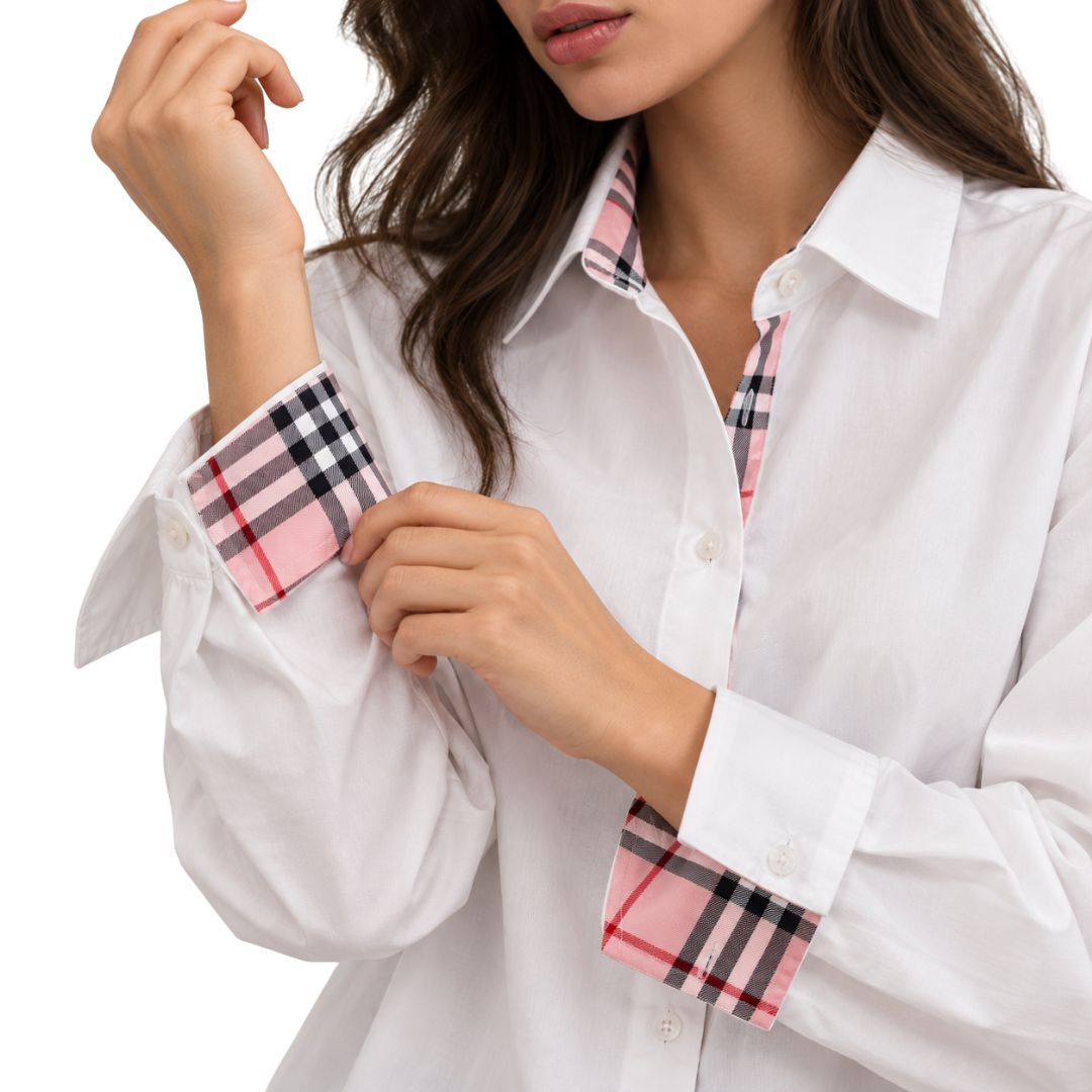 Camicia donna 100% cotone interni tartan rosa modello over