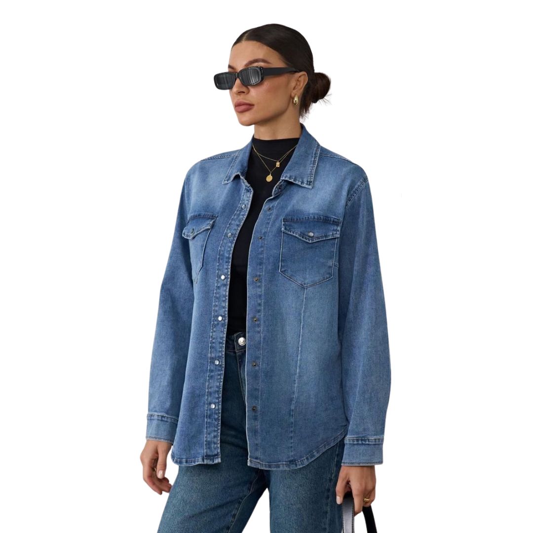 Camicia donna in jeans misto cotone elasticizzata con bottoni Made in Italy