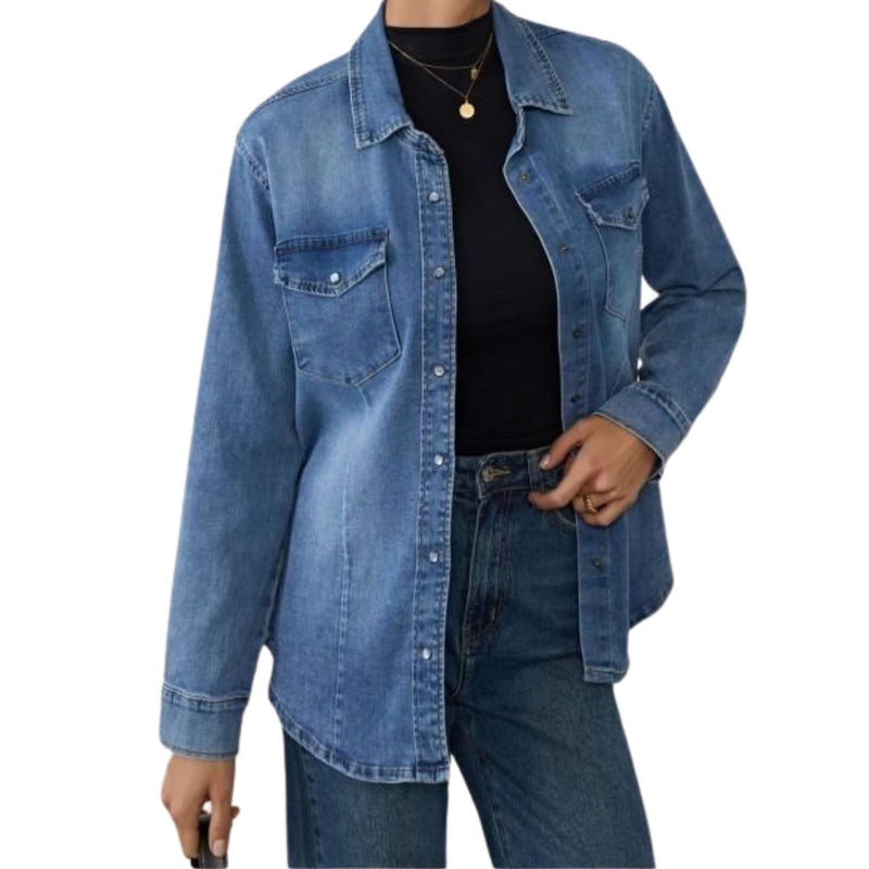 Camicia donna in jeans misto cotone elasticizzata con bottoni Made in Italy