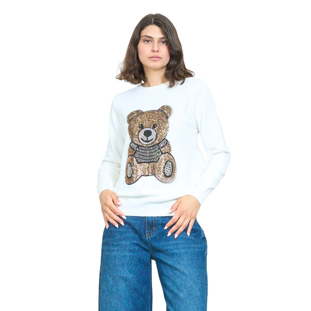 Maglia donna in misto viscosa, collo tondo con strass a orsetto Made in Italy
