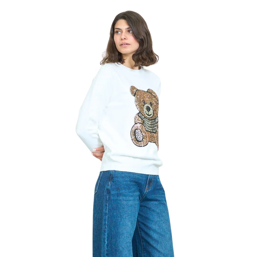 Maglia donna in misto viscosa, collo tondo con strass a orsetto Made in Italy