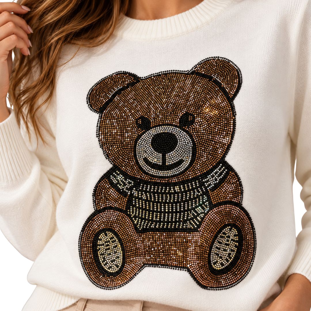 Maglia donna in misto viscosa, collo tondo con strass a orsetto Made in Italy