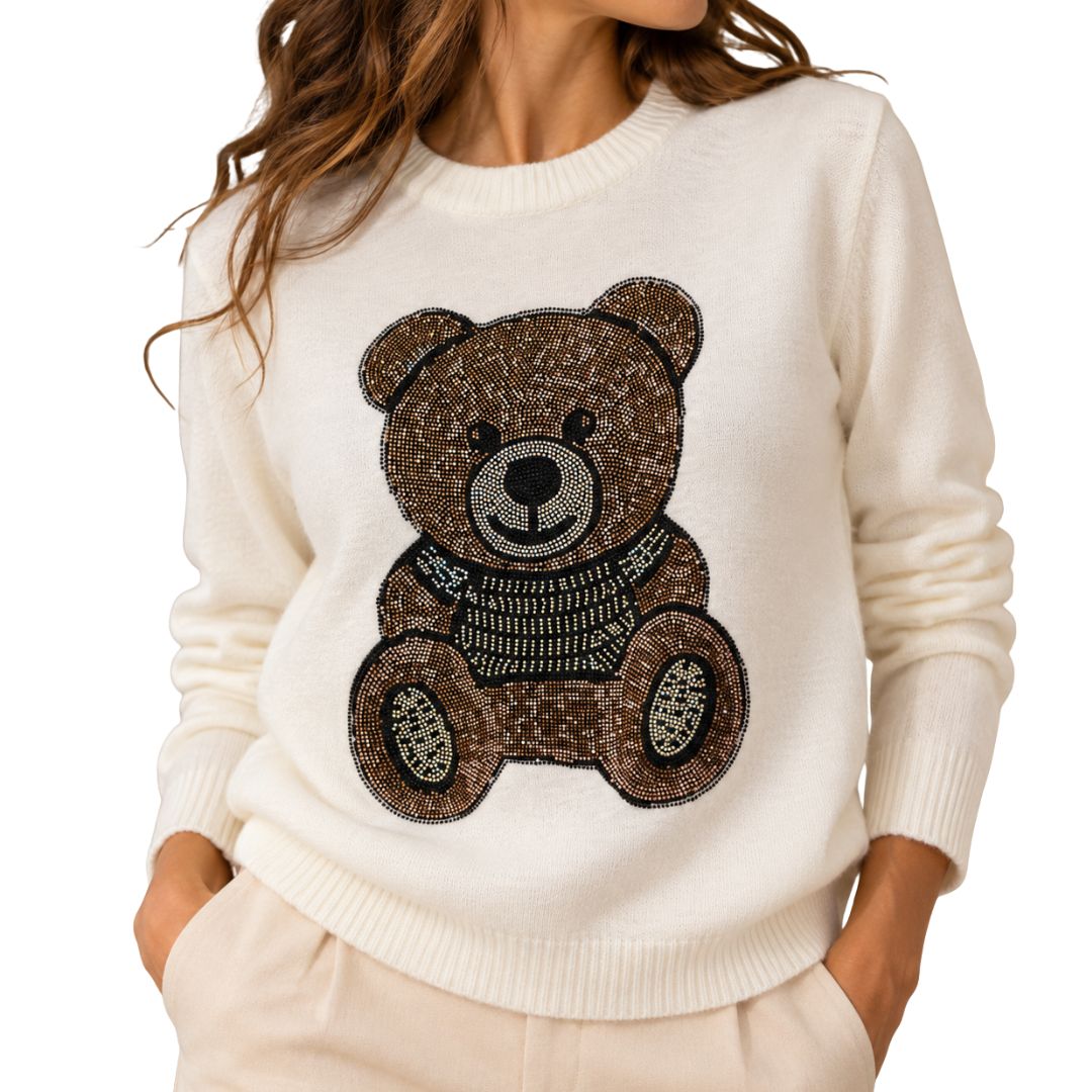 Maglia donna in misto viscosa, collo tondo con strass a orsetto Made in Italy