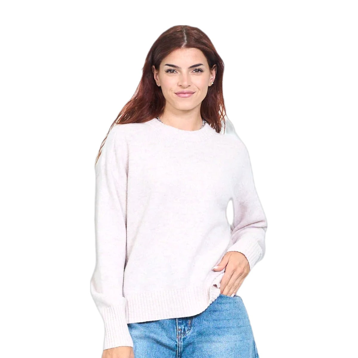 Maglia donna in 100% lana, scollo tondo e polsini a coste Made in Italy