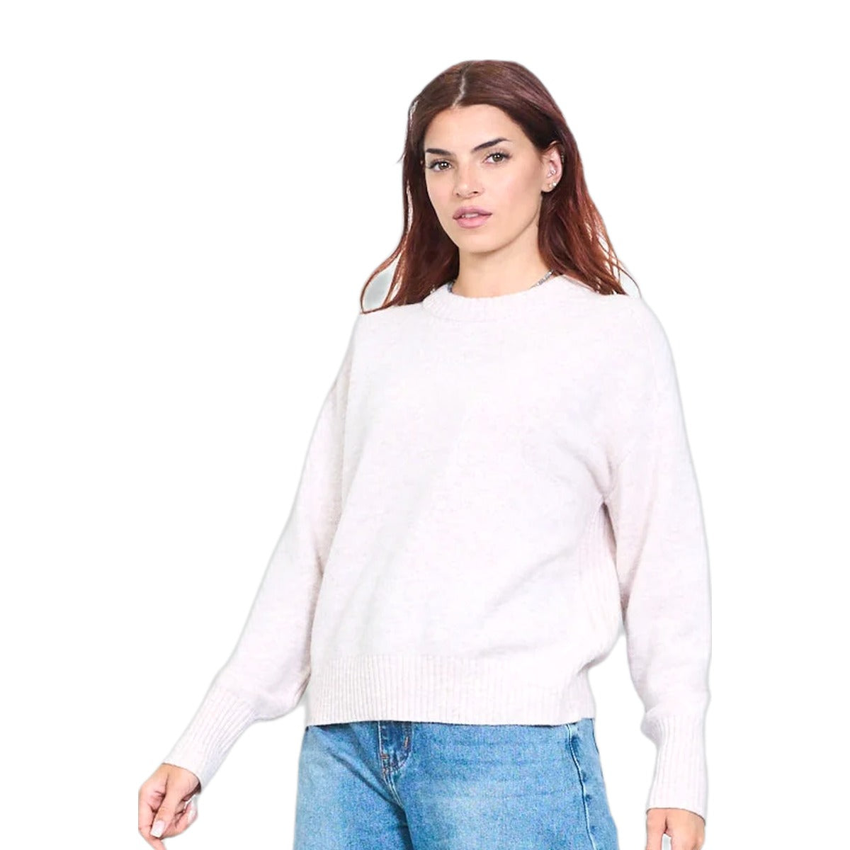 Maglia donna in 100% lana, scollo tondo e polsini a coste Made in Italy