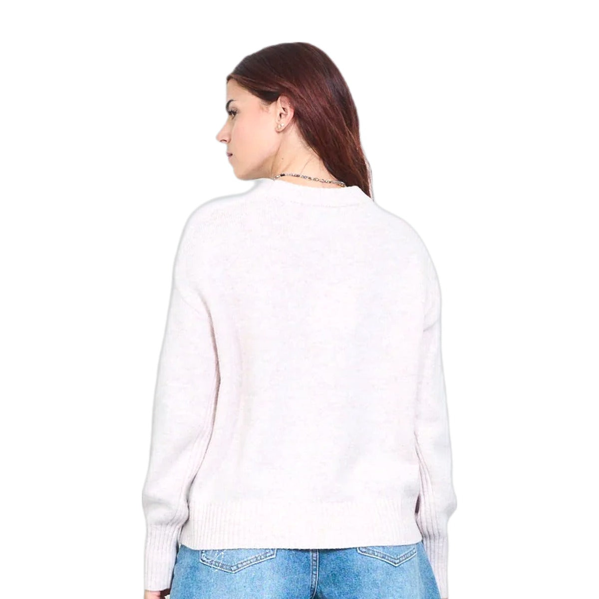 Maglia donna in 100% lana, scollo tondo e polsini a coste Made in Italy