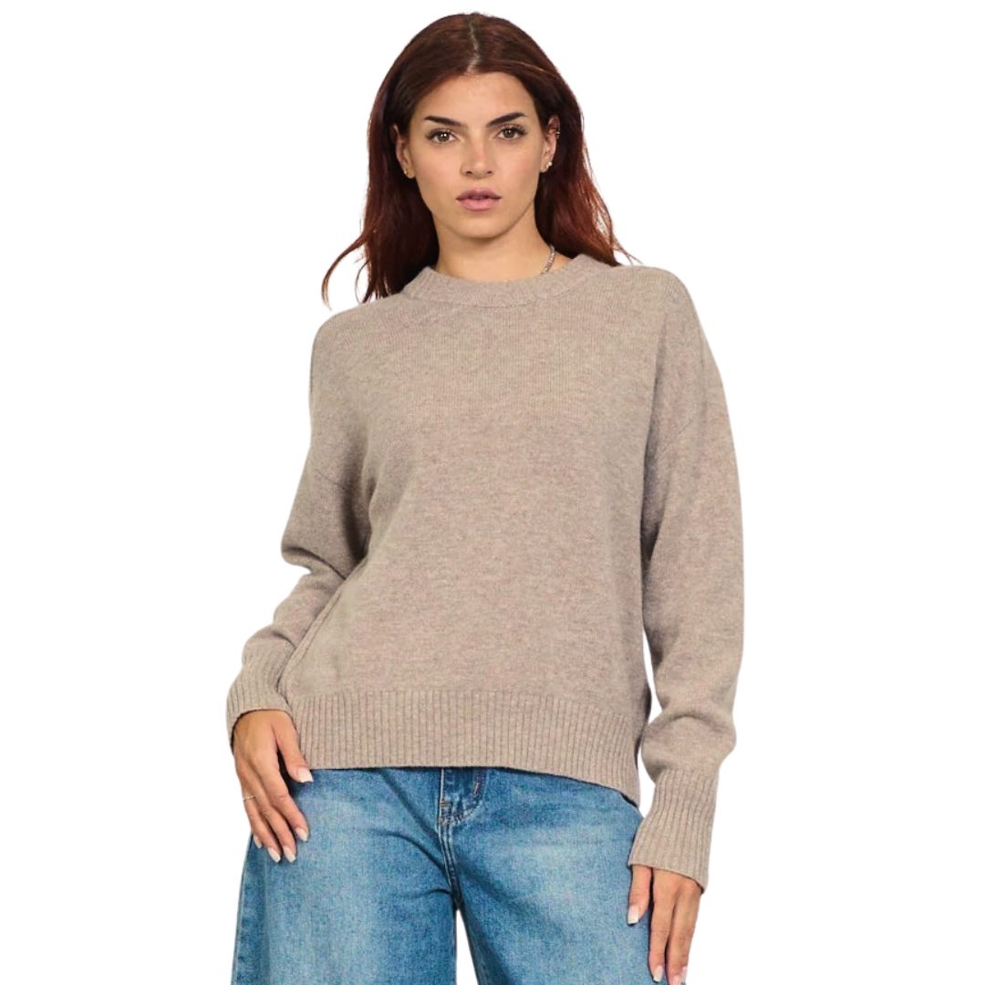 Maglia donna in 100% lana, scollo tondo e polsini a coste Made in Italy