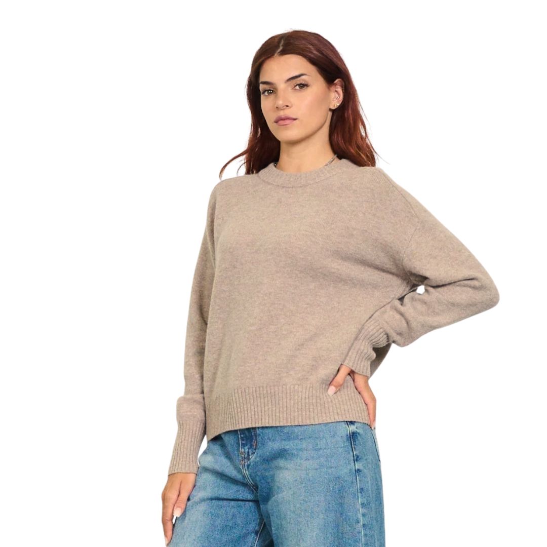 Maglia donna in 100% lana, scollo tondo e polsini a coste Made in Italy