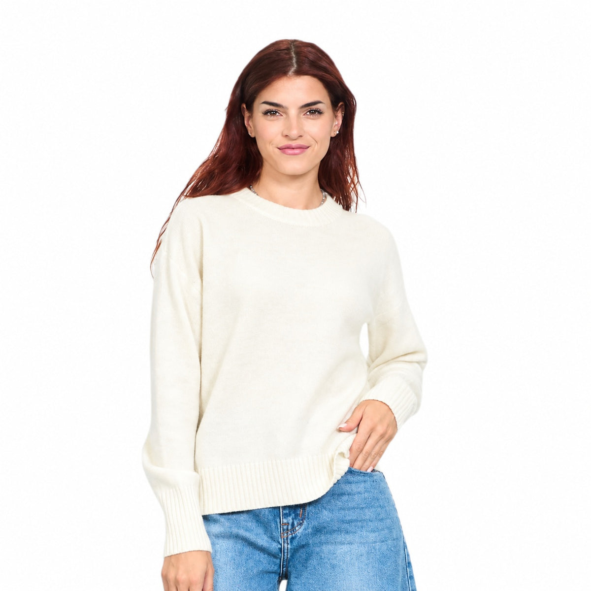 Maglia donna in 100% lana, scollo tondo e polsini a coste Made in Italy