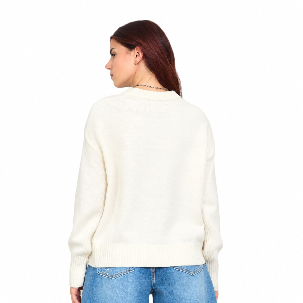 Maglia donna in 100% lana, scollo tondo e polsini a coste Made in Italy