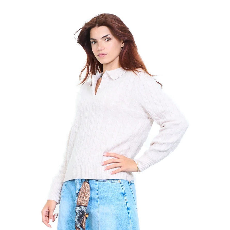 Maglia donna con colletto polo a intreccio in 100% lana Made in Italy