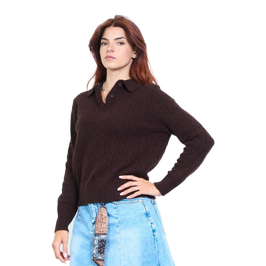 Maglia donna con colletto polo a intreccio in 100% lana Made in Italy