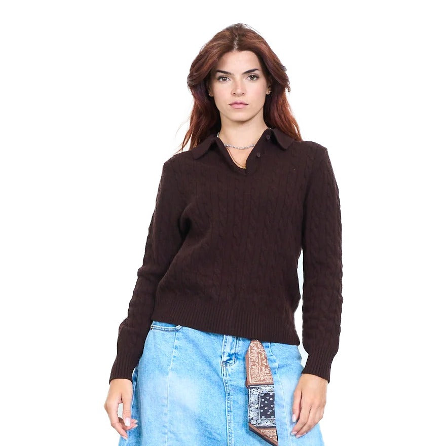 Maglia donna con colletto polo a intreccio in 100% lana Made in Italy