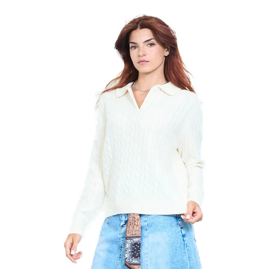 Maglia donna con colletto polo a intreccio in 100% lana Made in Italy