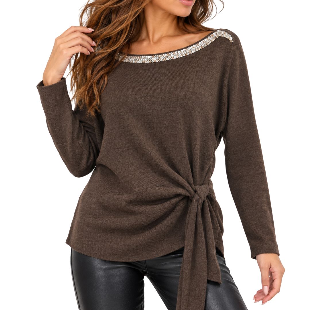 Maglia donna scollo a barca, nodo laterale, applicazione in strass Made in Italy
