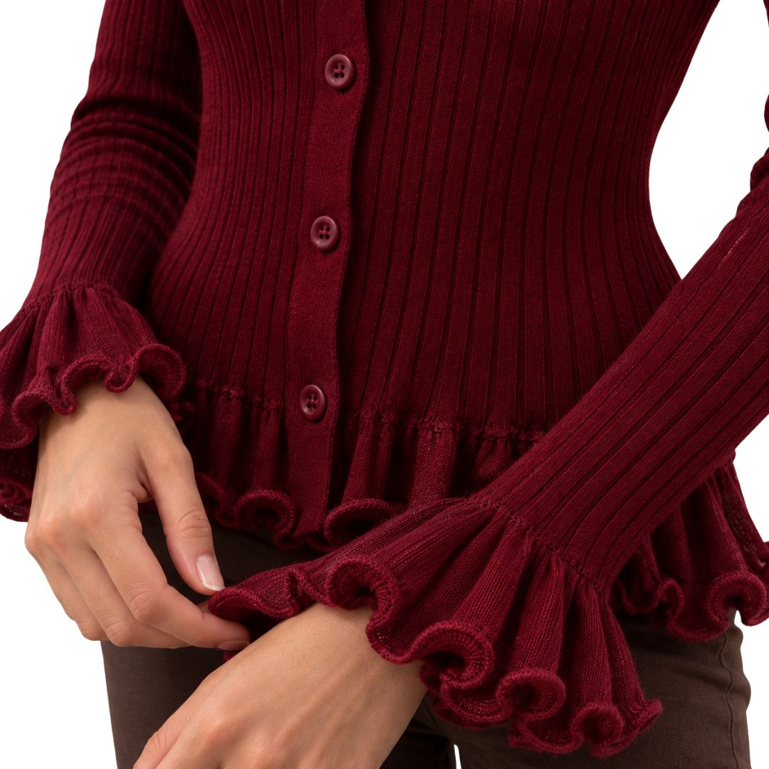 Cardigan donna aderente a coste con polsi appiccicati Made in Italy