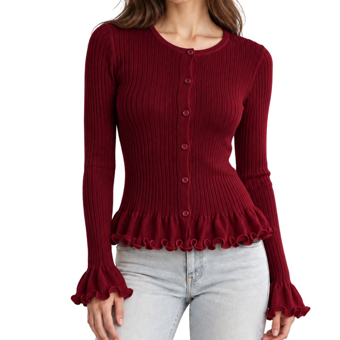 Cardigan donna aderente a coste con polsi appiccicati Made in Italy