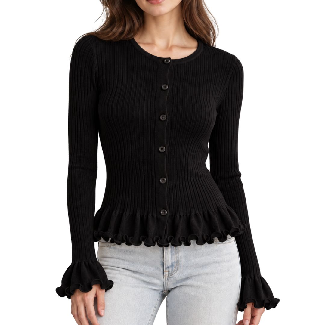 Cardigan donna aderente a coste con polsi appiccicati Made in Italy