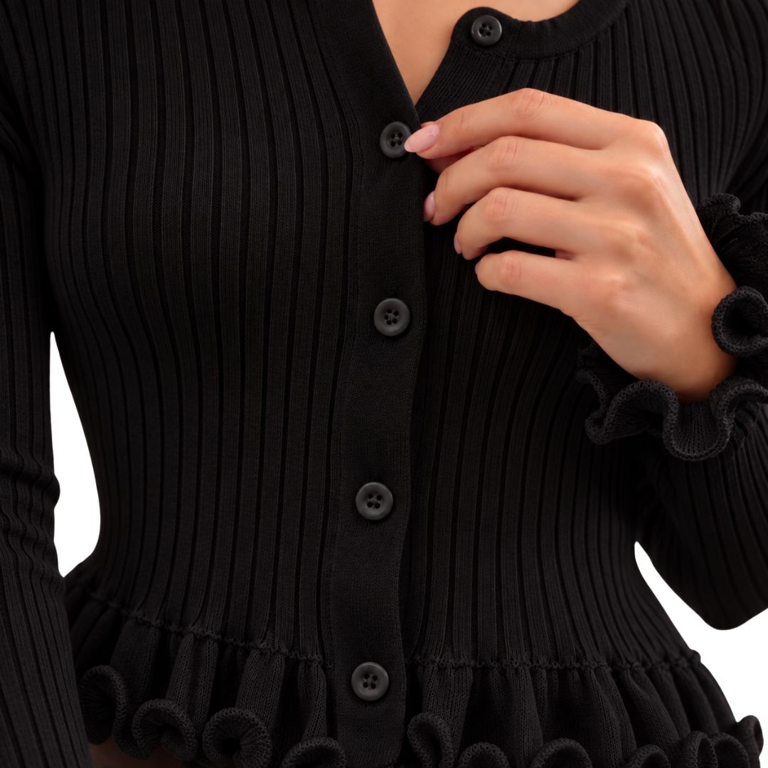 Cardigan donna aderente a coste con polsi appiccicati Made in Italy