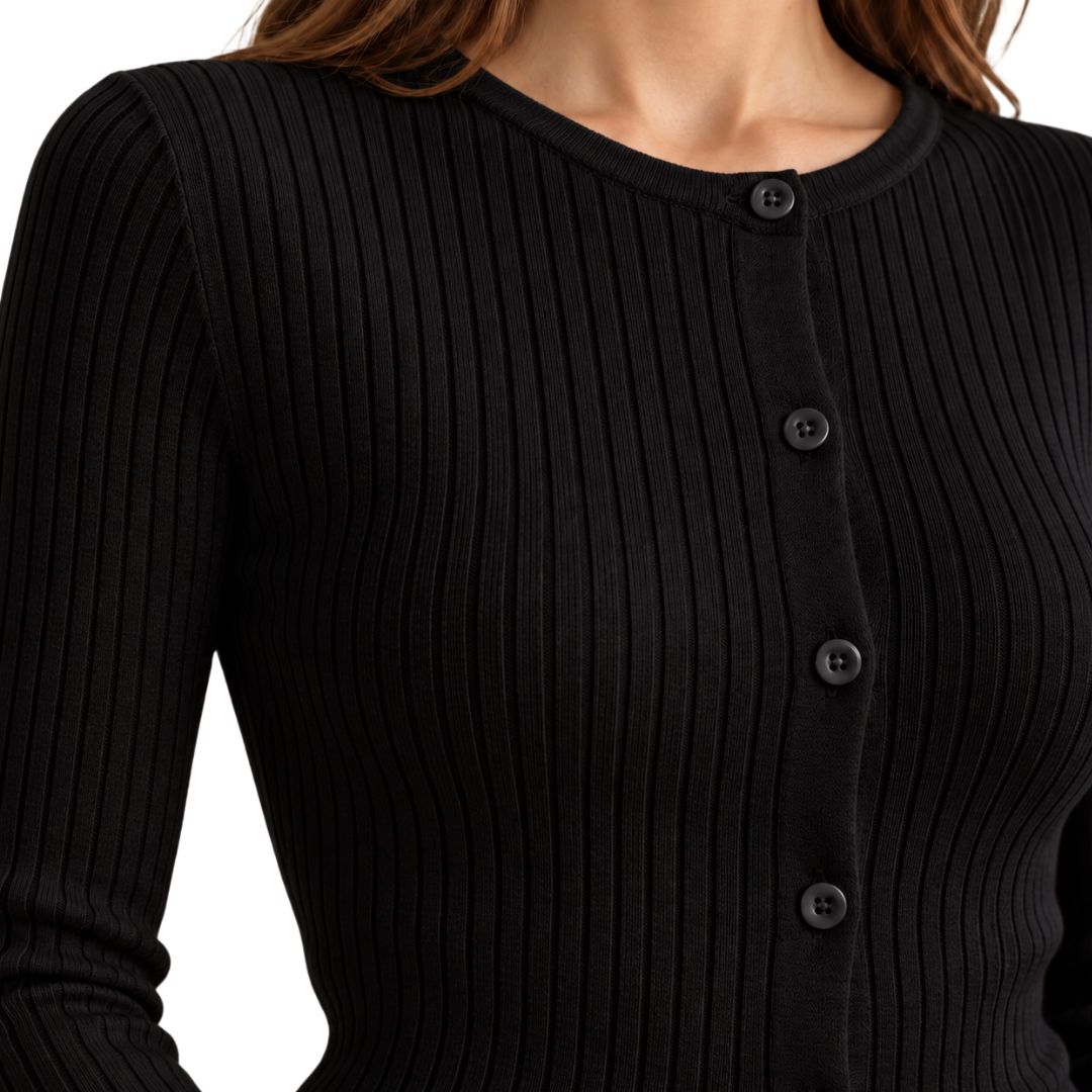 Cardigan donna aderente a coste con polsi appiccicati Made in Italy