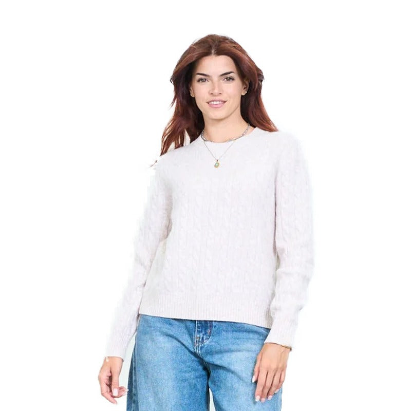 Maglia donna collo tondo a intreccio 100% lana Made in Italy