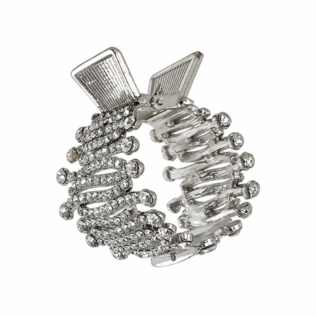 Pinza e fermacoda per capelli in metallo con strass bianchi