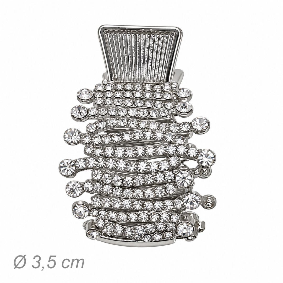 Pinza e fermacoda per capelli in metallo con strass bianchi