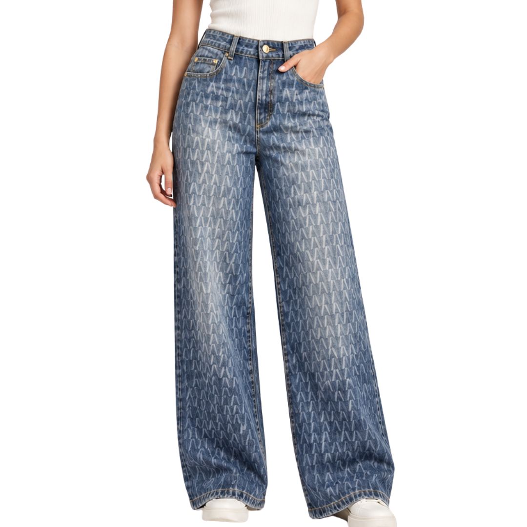 Jeans Donna Show stampa fantasia gamba larga tinto capo