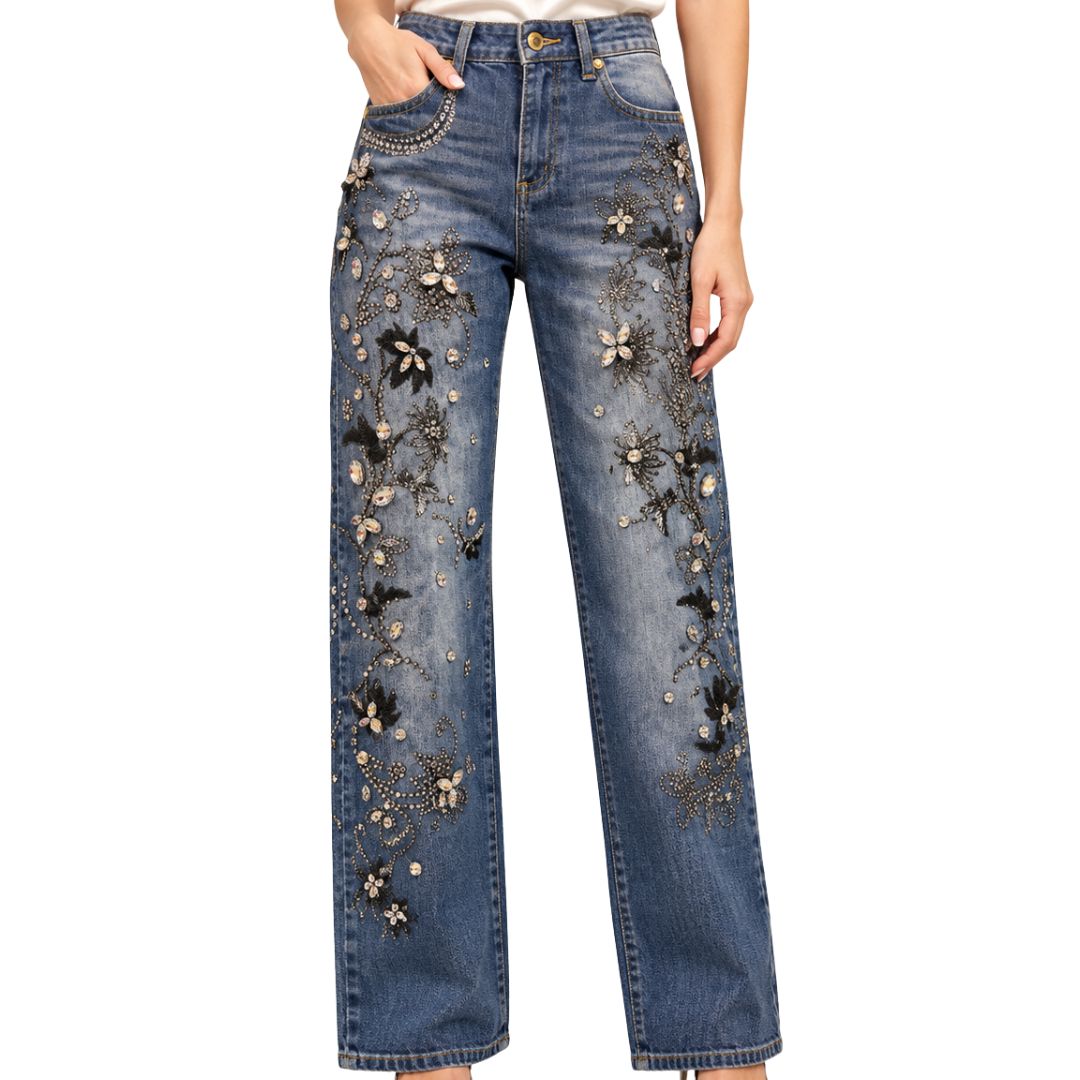 Jeans Donna Scilla diritto con applicazioni strass e stampa floreale tinto capo