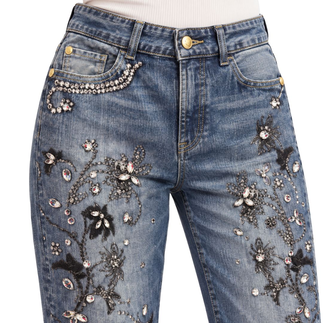 Jeans Donna Scilla diritto con applicazioni strass e stampa floreale tinto capo
